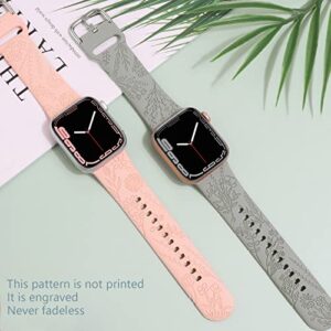 Flower Engraved Silicone Band Compatible with Apple Watch Bands 38mm 40mm 41mm, Cute Women Wildflowers Floral Design Soft Sport Strap Replacement Wristbands for iWatch Series 8 7/SE/6/5/4/3/2/1 (42/44/45mm, Grey Pink)