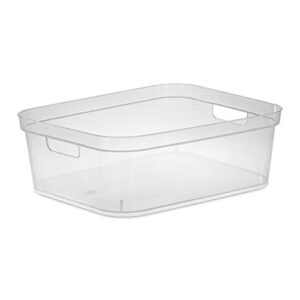 sterilite 5.25 x 12.25 x 15 inch medium modern storage bin w/ comfortable carry through handles & banded rim for household organization, clear 8 pack