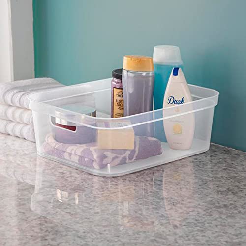 Sterilite 5.25 x 12.25 x 15 Inch Medium Modern Storage Bin w/ Comfortable Carry Through Handles & Banded Rim for Household Organization, Clear 8 Pack