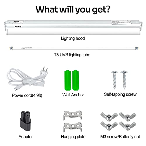 OIIBO T5 HO Reptile Light Fixture UVB Lighting Combo Kit Suit for Desert&Tropical Amphibians Reptiles Terrarium Lamp Hood Light Fixture Include 24W 12.0 UVB Bulb