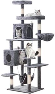 yaruomy cat tree 71.6 inches cat tower for indoor cats, multi-level cat condo furniture with scratching posts, plush perches, activity center with cozy basket & hammock for large cats,light gray