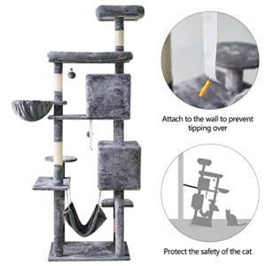 YARUOMY Cat Tree 71.6 inches Cat Tower for Indoor Cats, Multi-Level Cat Condo Furniture with Scratching Posts, Plush Perches, Activity Center with Cozy Basket & Hammock for Large Cats,Light Gray