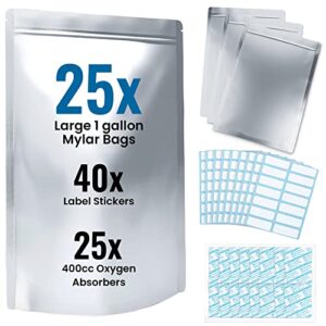 25 mylar bags with 25 oxygen absorbers - large 1 gallon gusseted bag 40 labels for food storage - 5mil resealable packaging with food grade absorber to keep out moisture, light & oxygen for long storage