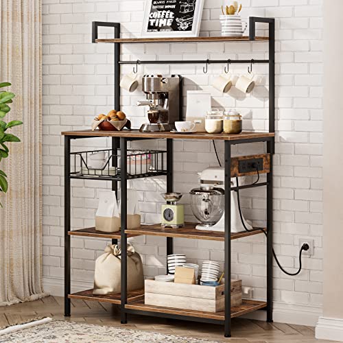 HOOBRO Kitchen Bakers Rack with Power Outlet, Coffee Bar, Microwave Oven Stand with Mesh Basket, Coffee Station with 4 S-Shaped Hook, Kitchen Shelf, for Kitchen, Living Room, Rustic Brown BF05HB01