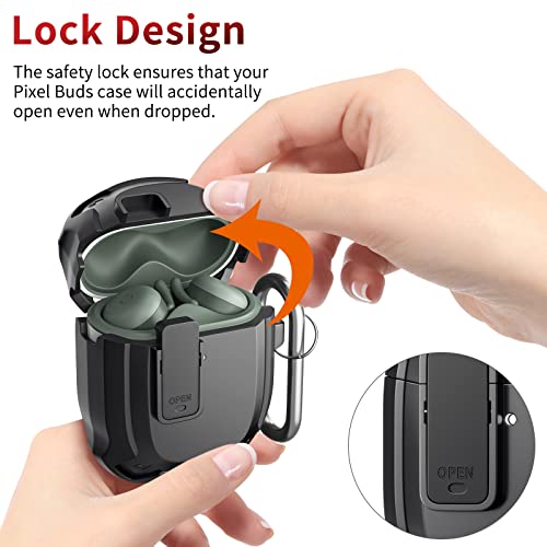 JAKPAK Compatible with Google Pixel Buds A Case Cover [Front LED Visible] Shockproof Protective Case with Keychain Secure Lock Design Hard PC Case Cover for Pixel Buds A 2021 Black