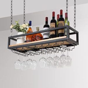 RZGY Hanging Wine Rack with Glass Holder and Shelf, Ceiling Mounted Wine Rack Adjustable Industrial Hanging Wine Bottle Holder, 39in Metal Iron Wine Shelf Black