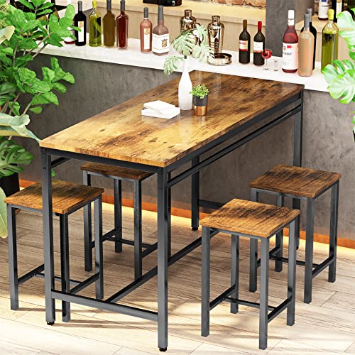 Recaceik Dining Table Set for 4 Bar Kitchen Table and Chairs for 4, 5 Piece Dining Table Set Counter Height Dinner Table with 4 Bar Stool, Dining Room Breakfast Table Set for Apartment