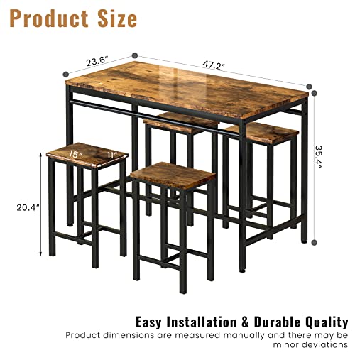 Recaceik Dining Table Set for 4 Bar Kitchen Table and Chairs for 4, 5 Piece Dining Table Set Counter Height Dinner Table with 4 Bar Stool, Dining Room Breakfast Table Set for Apartment