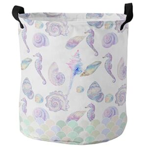 laundry basket hamper with handles, beach themed waterproof laundry bin foldable clothes basket for storage toys and clothing ocean shells starfish illustraction 13.8x17 inch