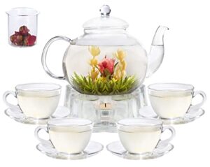 glass teapot set, 40oz/1200ml stovetop safe glass tea kettle with removable infuser & tea warmer, tea cups and saucers set of 4, blooming tea & loose leaf tea maker set for women