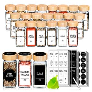 churboro 24 spice jars with labels- spice jars with bamboo lids - 4 oz glass spice containers with shaker lids, 547 spice labels of 3 different types seasoning jars for spice rack, cabinet, or drawer
