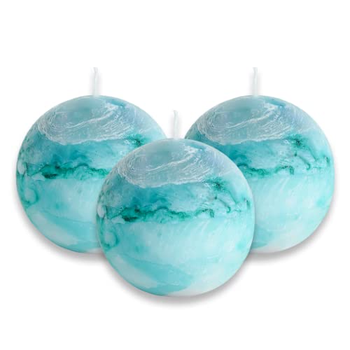 LPUSA Tie-dye Turquoise Rustic Ball Pillar Candles-3 Inch Unscented Round Candles for Wedding Decoration, Celebrations, Holiday Candles, and Home Decor - Set of 3 Paraffin Sphere Candles