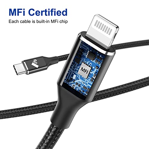 USB C to iPhone Cable 6ft 2Pack, USB C Lightning Cable MFi Certified Braided Type C iPhone Power Charger Fast Charging Compatible with iPhone 14 13 12 11 Pro Max Mini XR XS SE iPad - Black