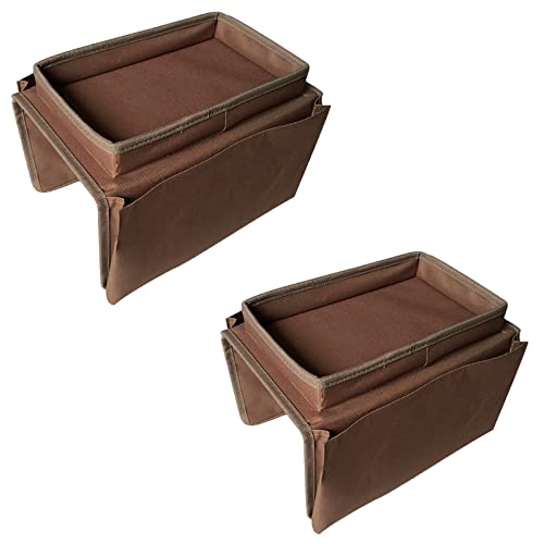 MISNODE 2 Pack Sofa Armrest Organizer with Cup Holder Tray, Hanging Couch TV Remote Storage Organizer with 6 Pockets, Sofa Couch Armchair Caddy Holder Sofa Slipcover Organizer (Brown)