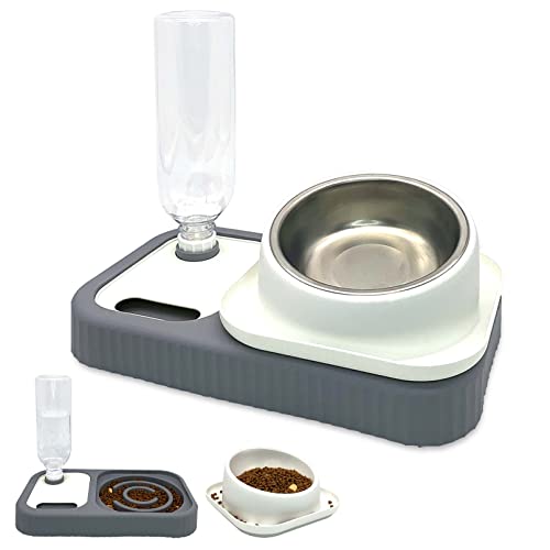 BNOSDM Triple Dog Cat Food Bowls with Gravity Water Bottle Set, Pet Slow Feeder with Detachable Stainless Steel - Tilted Raised No Spill Dog Bowls for Cat Kitten Puppy