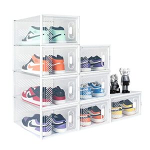 hrrsaki 8 pack x-large shoe storage boxes, shoe boxes clear plastic stackable, shoe organizer boxes with front opening lids, ventilation and dust-proof, shoe container boxes for closet, bedroom, bathroom, fit for women/men size 14(14” x 11” x 8.3”) (white