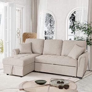 aoowow upholstered sectional sofa with reversible storage chaise lounge, linen fabric pull out sofa bed with 2 throw pillows, 86 inch l-shaped couch, 3-seat sleeper sofa for living room (beige)