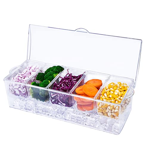 YOUBET Ice Chilled Condiment Server with 5 Removable Compartments-Ice Chilled Party Platter-Serving Tray Container-Plastic Storage Food Container Perfect for Wedding/Parties