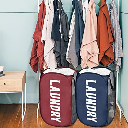 Mesh Popup Laundry Hamper 2 Pack Collapsible Laundry Basket Dirty Clothes Baskets with Straps and Side Pockets Carry Handles for Kids Room,College Students Dorm or Travel (Red + Navy)