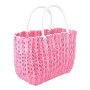 housoutil woven grocery bag, plastic market basket reusable shopping bag with handle, tote bag fruit and vegetable bags- pink(about 35.00x24.00x14.00cm; 13.76x9.43x5.50in)