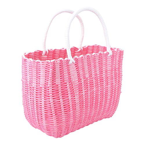 Housoutil Woven Grocery Bag, Plastic Market Basket Reusable Shopping Bag with Handle, Tote Bag Fruit and Vegetable Bags- Pink(About 35.00X24.00X14.00cm; 13.76X9.43X5.50in)