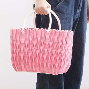 Housoutil Woven Grocery Bag, Plastic Market Basket Reusable Shopping Bag with Handle, Tote Bag Fruit and Vegetable Bags- Pink(About 35.00X24.00X14.00cm; 13.76X9.43X5.50in)