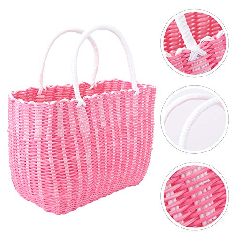 Housoutil Woven Grocery Bag, Plastic Market Basket Reusable Shopping Bag with Handle, Tote Bag Fruit and Vegetable Bags- Pink(About 35.00X24.00X14.00cm; 13.76X9.43X5.50in)