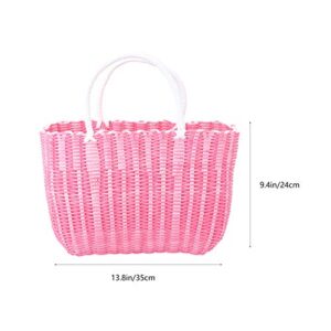 Housoutil Woven Grocery Bag, Plastic Market Basket Reusable Shopping Bag with Handle, Tote Bag Fruit and Vegetable Bags- Pink(About 35.00X24.00X14.00cm; 13.76X9.43X5.50in)