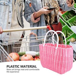 Housoutil Woven Grocery Bag, Plastic Market Basket Reusable Shopping Bag with Handle, Tote Bag Fruit and Vegetable Bags- Pink(About 35.00X24.00X14.00cm; 13.76X9.43X5.50in)