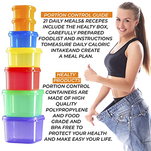 Portion Control Container and Food Plan (Labeled 28 Pcs) - 21 Day Portion Control Container Kit- 21 Day Tally Chart with e-Book