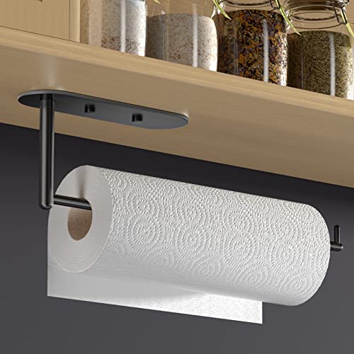 Oukimly Paper Towel Holder Under Cabinet - Paper Towel Rack Wall Mount Self Adhesive or Drilling Stainless Steel Paper Rolls Holder for Kitchen Bathroom,Matte Black