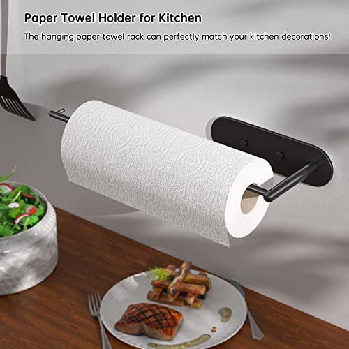 Oukimly Paper Towel Holder Under Cabinet - Paper Towel Rack Wall Mount Self Adhesive or Drilling Stainless Steel Paper Rolls Holder for Kitchen Bathroom,Matte Black