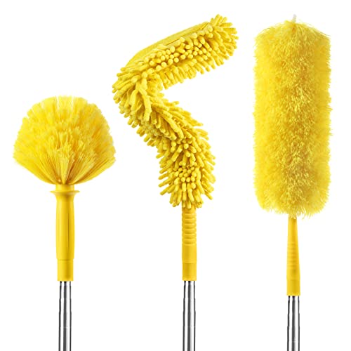 17 Foot High Reach Duster Kit with 2-to-9 Foot Extension Pole, Newliton 3-in-1 High Ceiling Chenille Duster, Microfiber Duster, Cobweb Duster, Indoor & Outdoor Extendable Bendable Duster Cleaning Set