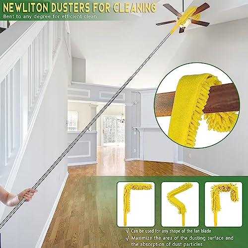 17 Foot High Reach Duster Kit with 2-to-9 Foot Extension Pole, Newliton 3-in-1 High Ceiling Chenille Duster, Microfiber Duster, Cobweb Duster, Indoor & Outdoor Extendable Bendable Duster Cleaning Set