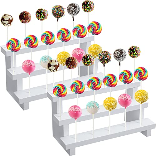 Cake Pop Stand Display Riser 2 Pcs 3 Tier Wood Lollipop Holder 17 Hole Cake Pop Stand Cake Pop Holder White Lollipop Stand for Dessert Table of Wedding Birthday, Fit 5/32 Inch 4 mm Lollipop Sticks