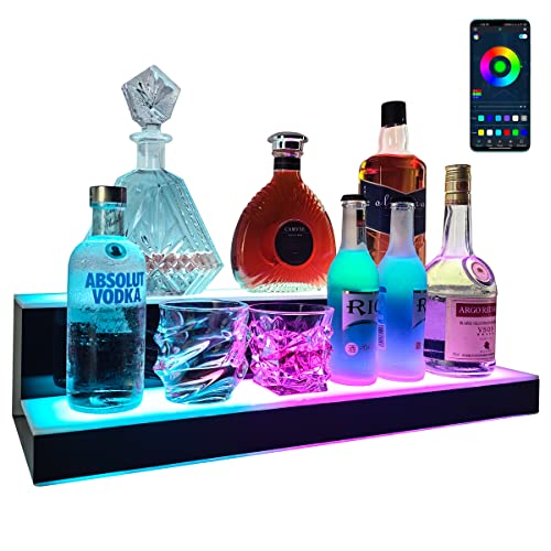 GOH&FTY LED Lighted Liquor Bottle Display Shelf,APP16/24in-2Step LED Bar Shelf with Wireless Remote& Multicolor LED Light, Liquor Cabinet for Home Bar Accessories,-24inche2 Tier