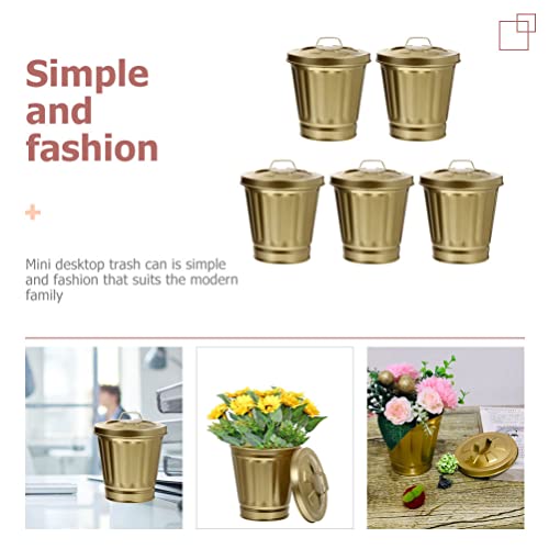 ERINGOGO Tiny Trash Bin Office Decor 5 Pack Mini Trash Cans with Lid, Small Iron Flower Pot with Lid, Mini Garbage Container for Garden Kitchen Bathroom Bedroom Office Car Decor