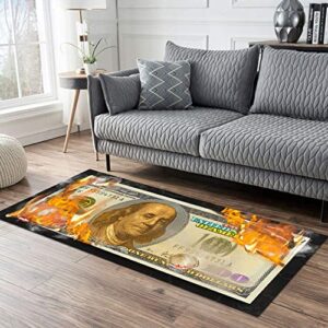 Money Rug Burning 100 Dollar Bill Runner Rugs Cool Rug Black Area Rug Non Skid Laundry Room Rug Floor Decor Carpet Indoor Mat Long Rugs for Hallway Bedroom Bathroom Living Room Office 60"x24"