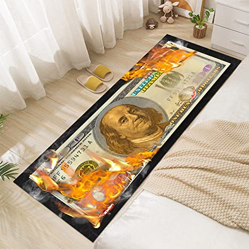 Money Rug Burning 100 Dollar Bill Runner Rugs Cool Rug Black Area Rug Non Skid Laundry Room Rug Floor Decor Carpet Indoor Mat Long Rugs for Hallway Bedroom Bathroom Living Room Office 60"x24"