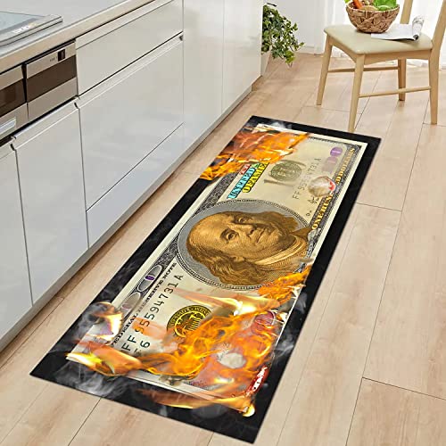 Money Rug Burning 100 Dollar Bill Runner Rugs Cool Rug Black Area Rug Non Skid Laundry Room Rug Floor Decor Carpet Indoor Mat Long Rugs for Hallway Bedroom Bathroom Living Room Office 60"x24"