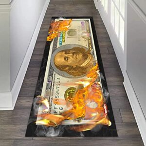 Money Rug Burning 100 Dollar Bill Runner Rugs Cool Rug Black Area Rug Non Skid Laundry Room Rug Floor Decor Carpet Indoor Mat Long Rugs for Hallway Bedroom Bathroom Living Room Office 60"x24"