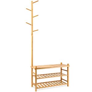 ZYBT Shoe Rack, Entryway Bench with Coat Rack, Hall Tree, 3 in 1 Design Bamboo Shoe Rack for Entryway, Multifunctional Shoe Bench, Free Standing Shoe Racks Shelf for Hallway Bedroom