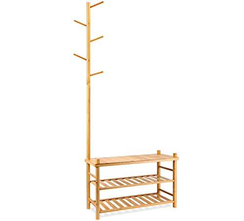 ZYBT Shoe Rack, Entryway Bench with Coat Rack, Hall Tree, 3 in 1 Design Bamboo Shoe Rack for Entryway, Multifunctional Shoe Bench, Free Standing Shoe Racks Shelf for Hallway Bedroom