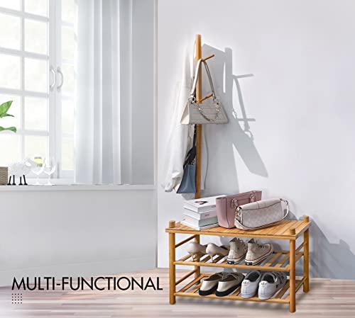 ZYBT Shoe Rack, Entryway Bench with Coat Rack, Hall Tree, 3 in 1 Design Bamboo Shoe Rack for Entryway, Multifunctional Shoe Bench, Free Standing Shoe Racks Shelf for Hallway Bedroom