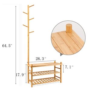 ZYBT Shoe Rack, Entryway Bench with Coat Rack, Hall Tree, 3 in 1 Design Bamboo Shoe Rack for Entryway, Multifunctional Shoe Bench, Free Standing Shoe Racks Shelf for Hallway Bedroom