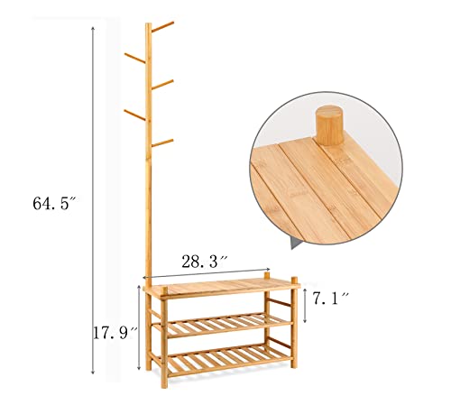 ZYBT Shoe Rack, Entryway Bench with Coat Rack, Hall Tree, 3 in 1 Design Bamboo Shoe Rack for Entryway, Multifunctional Shoe Bench, Free Standing Shoe Racks Shelf for Hallway Bedroom