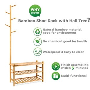 ZYBT Shoe Rack, Entryway Bench with Coat Rack, Hall Tree, 3 in 1 Design Bamboo Shoe Rack for Entryway, Multifunctional Shoe Bench, Free Standing Shoe Racks Shelf for Hallway Bedroom
