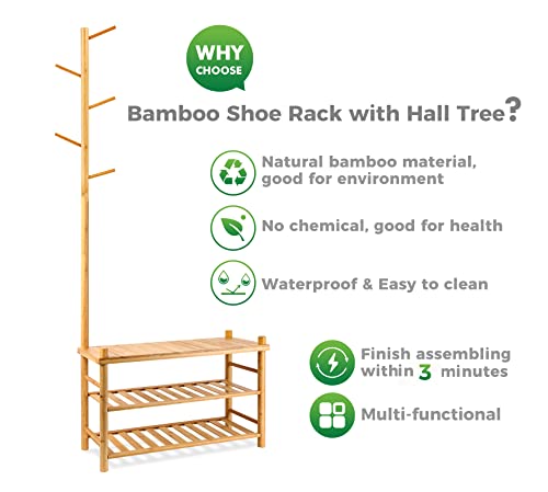 ZYBT Shoe Rack, Entryway Bench with Coat Rack, Hall Tree, 3 in 1 Design Bamboo Shoe Rack for Entryway, Multifunctional Shoe Bench, Free Standing Shoe Racks Shelf for Hallway Bedroom