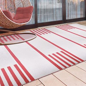 SUPERIOR Indoor Outdoor Area Rug, Modern Lines, Striped Home Decor, Floor Cover for Patio, Front Porch, Entryway, Deck, Hallway, Foyer, Kitchen, Office, Jadey Collection, 3' 6" x 5' 6", Ivory red