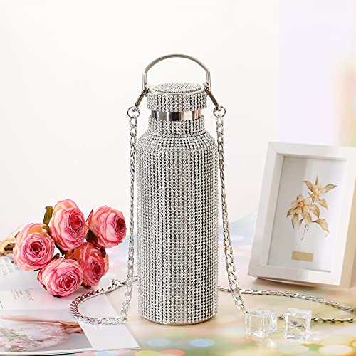 RLMOON Bling Water Bottle Rhinestone Diamond Stainless Steel Glitter Insulated Bottle Vacuum Flask Sparkling Thermal Bottle with Chain Refillable Water Bottles for Women